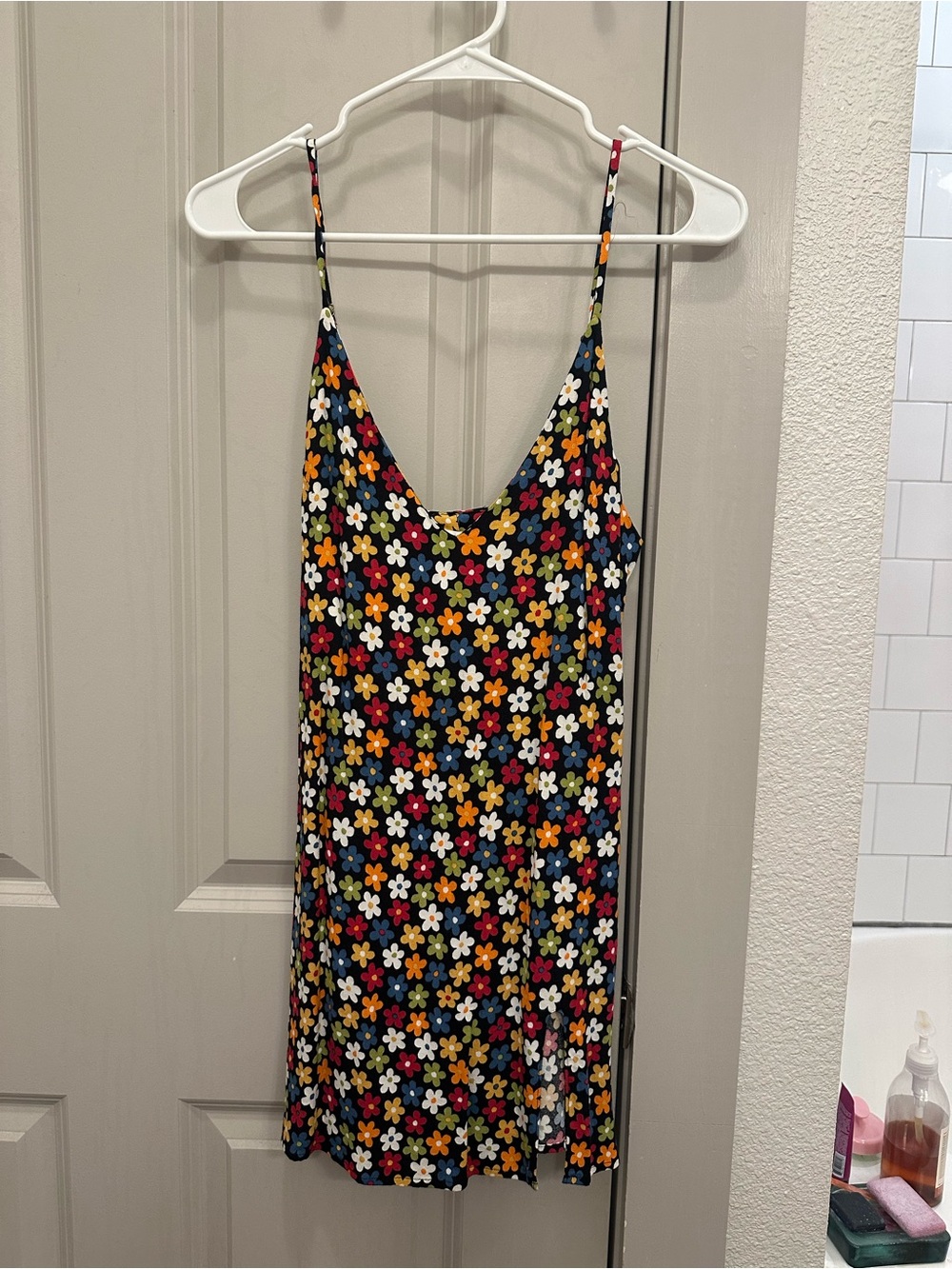 Reformation Black Floral Slip Dress with Multicolor Daisy Print